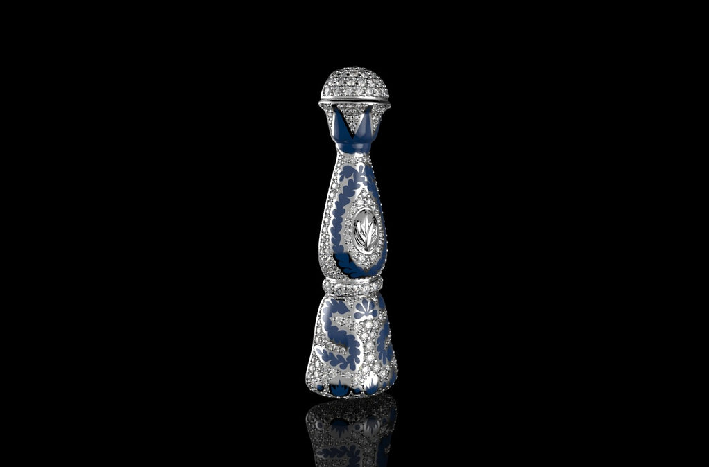 14k white gold custom diamond "azul" bottle pendant with blue enamel