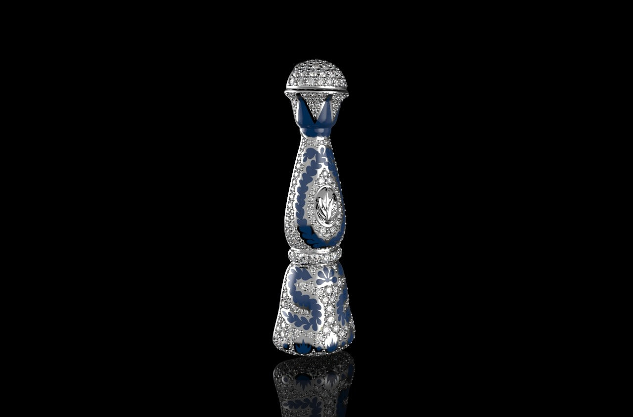 14k white gold custom diamond "azul" bottle pendant with blue enamel