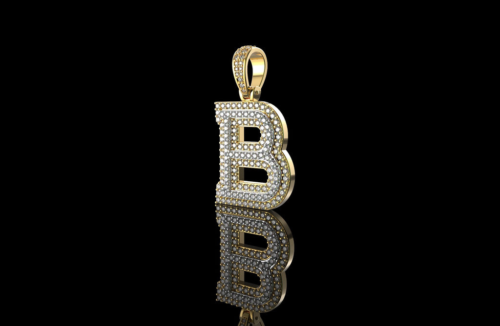 14k 2 tone yellow and white gold double layer initial B diamond pendant