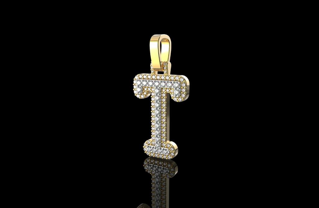 14k 2 tone yellow and white gold double layer initial T diamond pendant