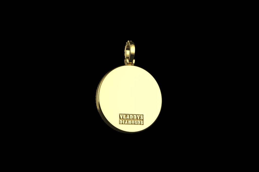 14k yellow gold custom "allah" green enamel round medallion diamond pendant