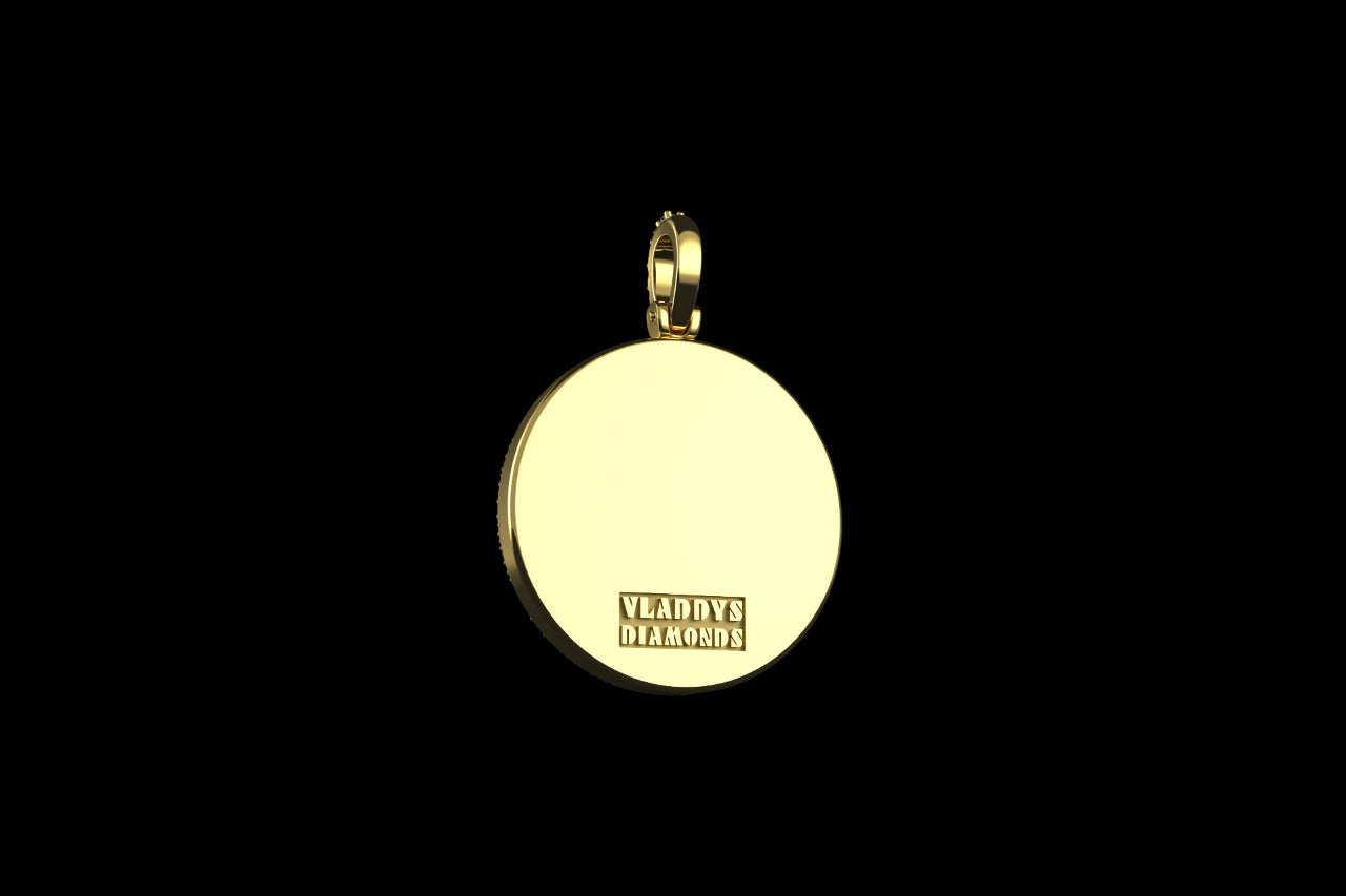 14k yellow gold custom "allah" green enamel round medallion diamond pendant