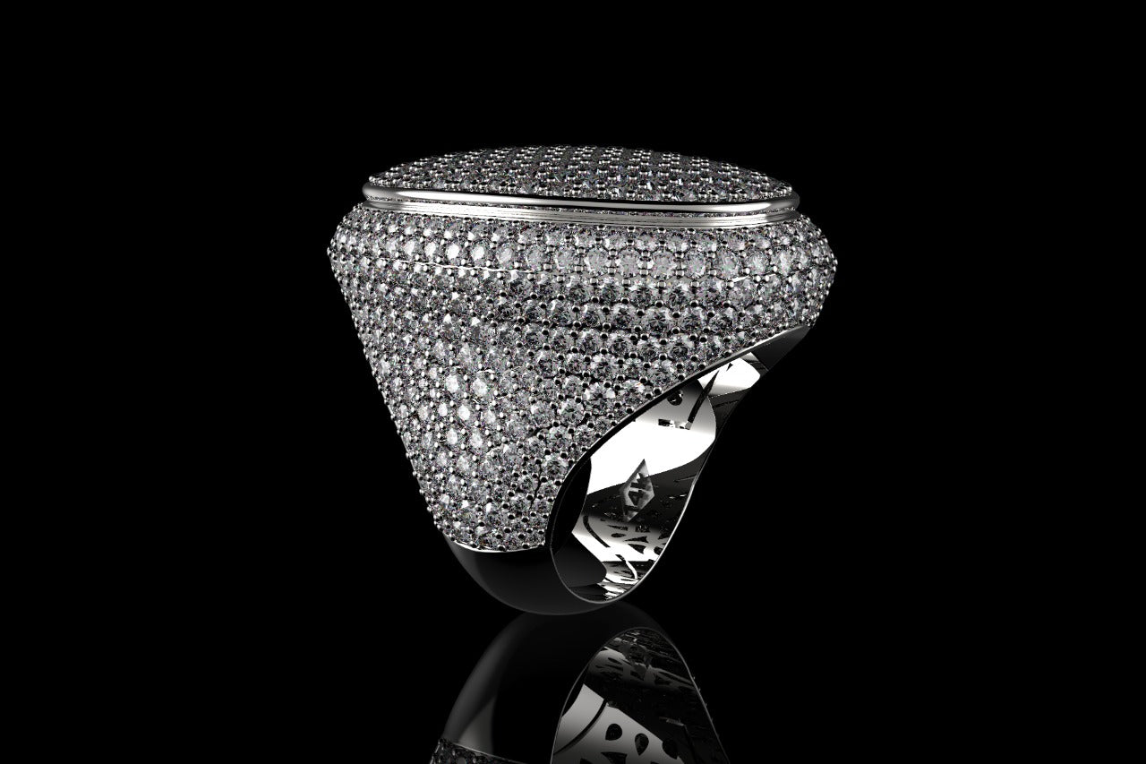 14k white gold large custom mens 3d oval shape diamond ring with bezel ring