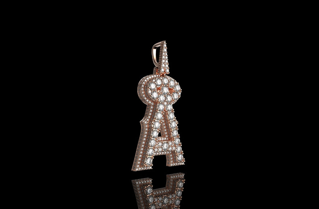 14k rose gold double layer custom initial "a" diamond pendant with profile diamonds