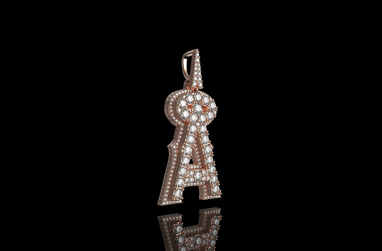 14k rose gold double layer custom initial "a" diamond pendant with profile diamonds