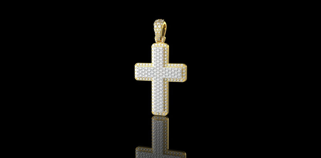 14K 2 TONE YELLOW AND WHITE GOLD DOUBLE LAYER DIAMOND CROSS PENDANT
