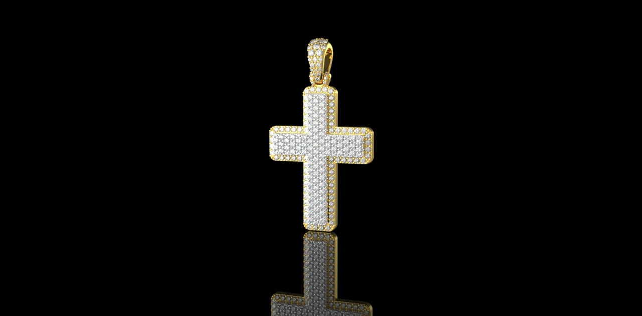 14K 2 TONE YELLOW AND WHITE GOLD DOUBLE LAYER DIAMOND CROSS PENDANT