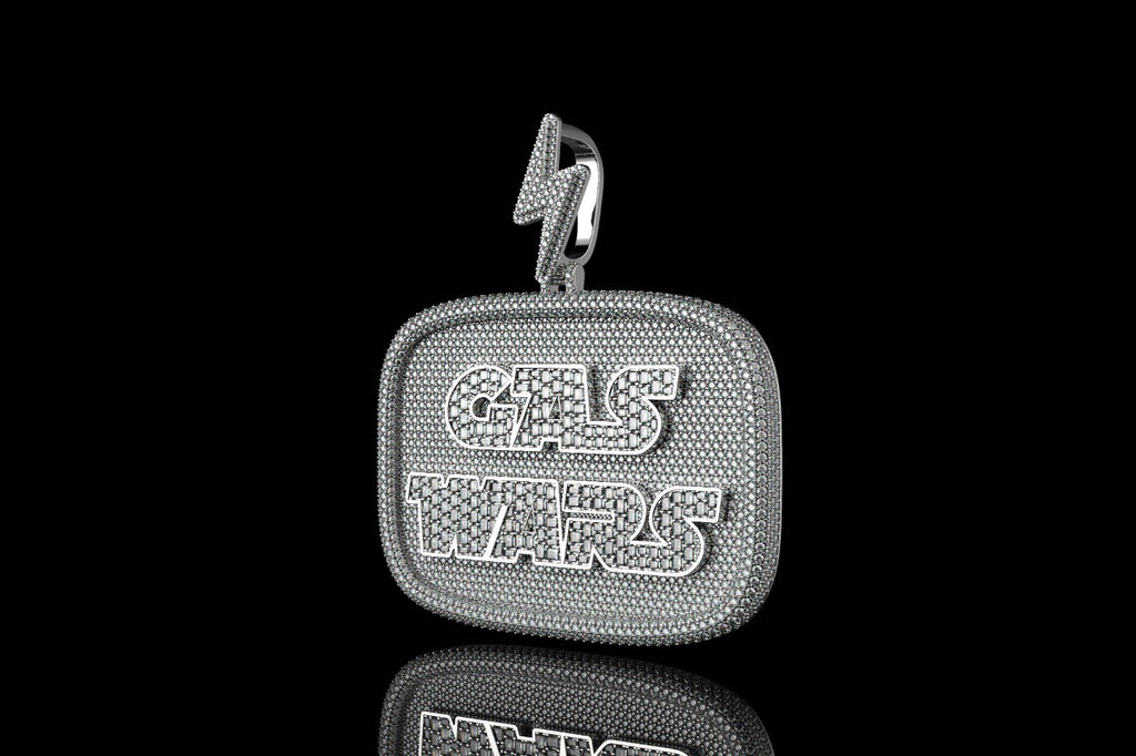 14k white gold "gas wars" style baguette diamond pendant