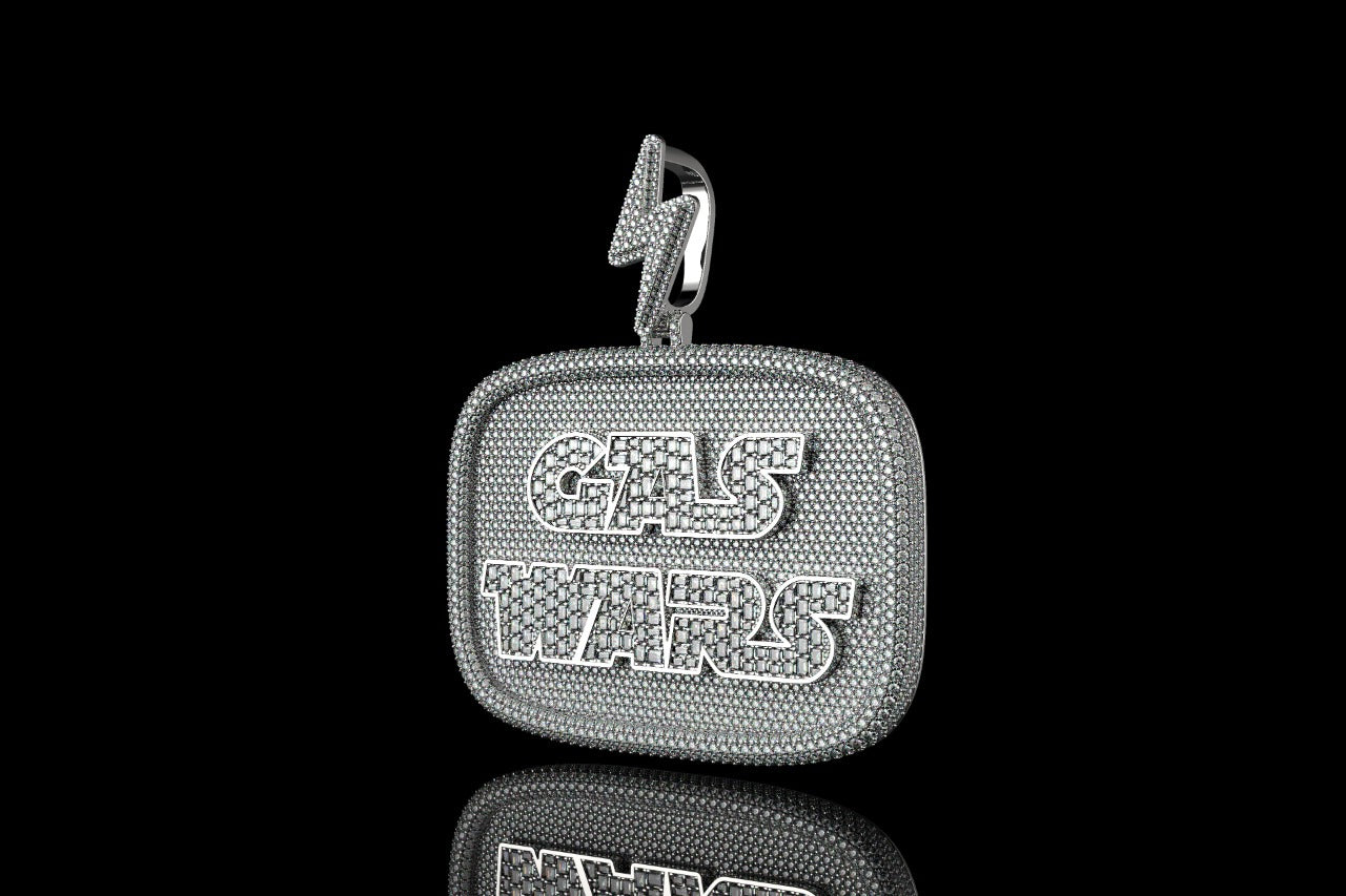 14k white gold "gas wars" style baguette diamond pendant