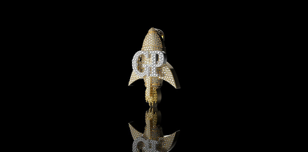 14K 2 TONE YELLOW AND WHITE GOLD "GP ROCKET" STYLE CUSTOM DIAMOND PENDANT