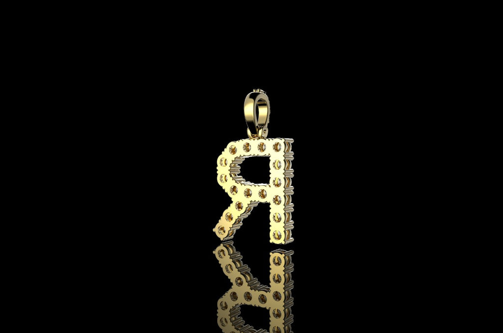 14k yellow gold custom diamond "R" initial pendant