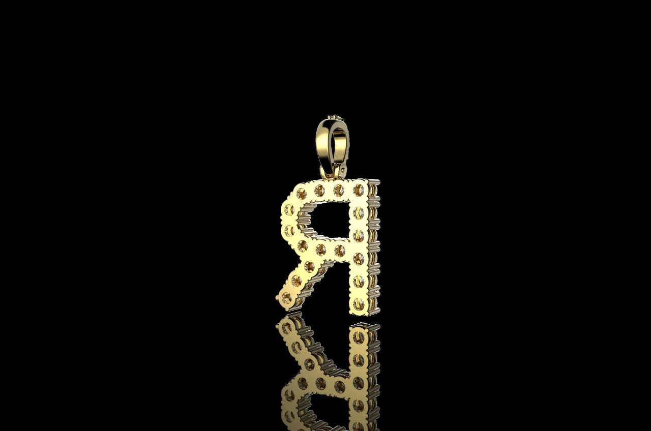 14k yellow gold custom diamond "R" initial pendant