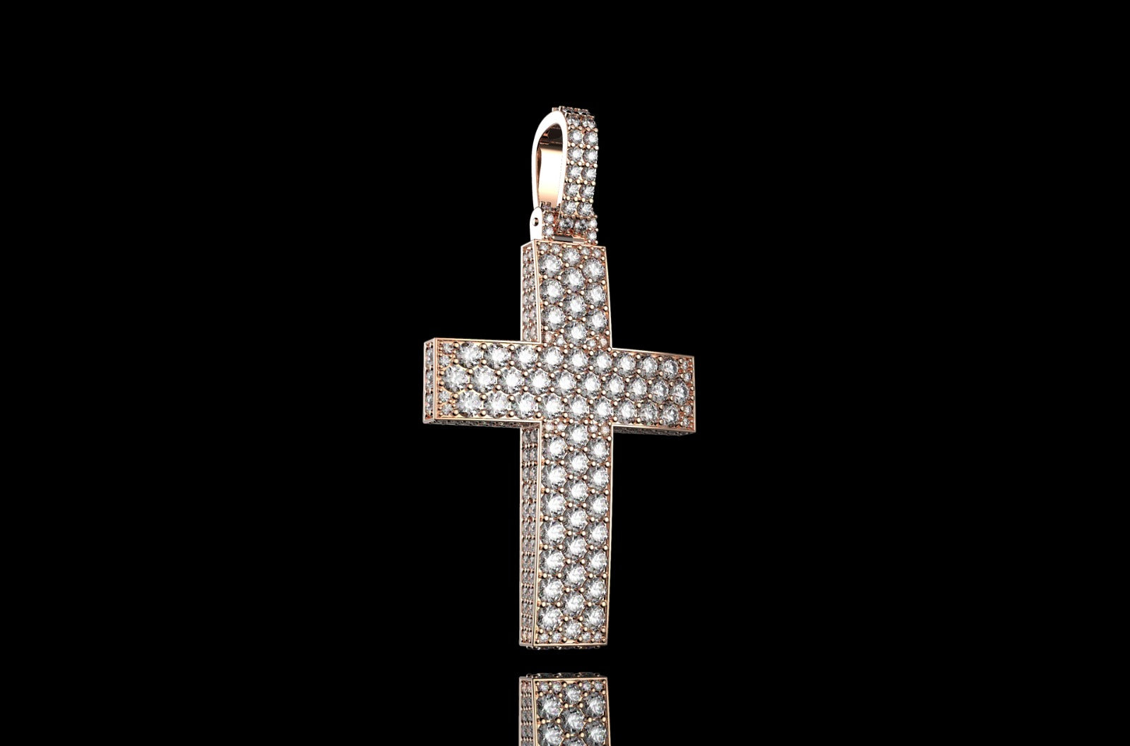 14k rose gold large custom dome 3d diamond cross with profile diamonds