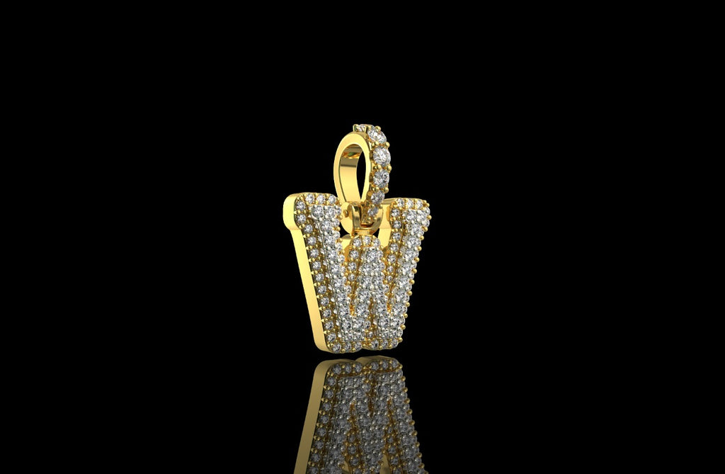 14k 2 tone yellow and white gold double layer small initial W diamond pendant