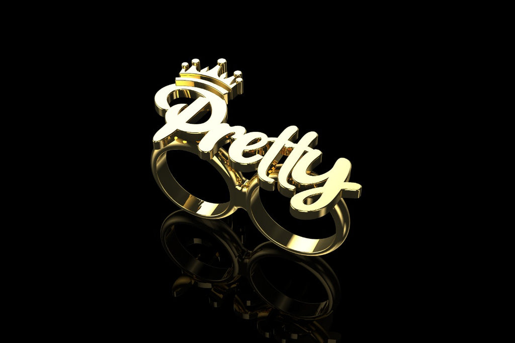 14k yellow gold "pretty" with crown style double finger ring