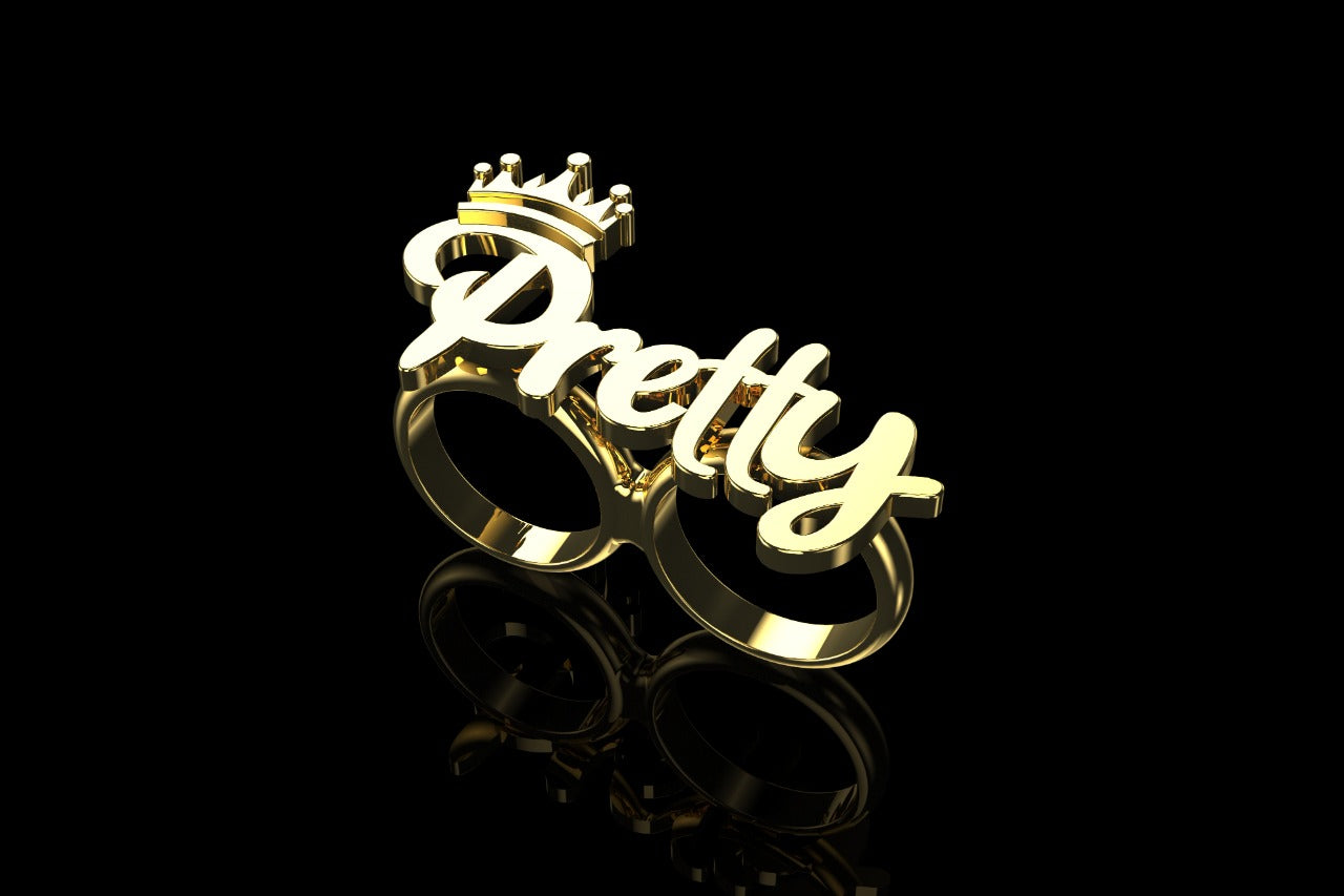 14k yellow gold "pretty" with crown style double finger ring