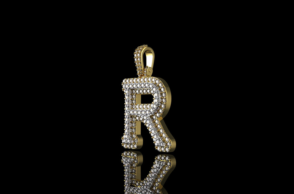 14k 2 tone yellow and white gold double layer initial R diamond pendant