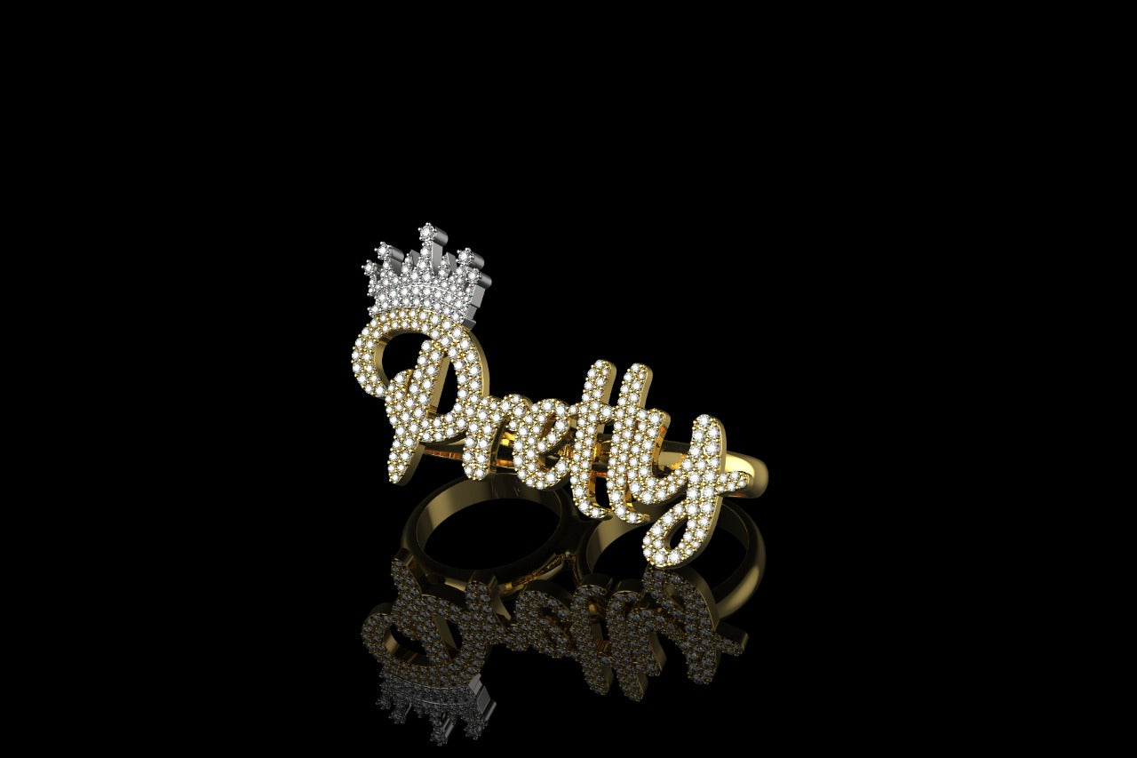 14k 2 tone yellow and white gold "pretty" with crown style diamond double finger ring