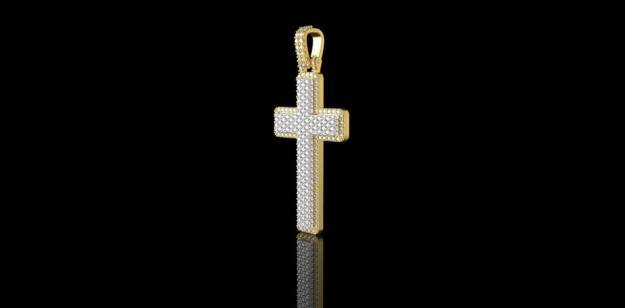 14K 2 TONE YELLOW AND WHITE GOLD MEDIUM DOUBLE LAYER CUSTOM CROSS DIAMOND PENDANT