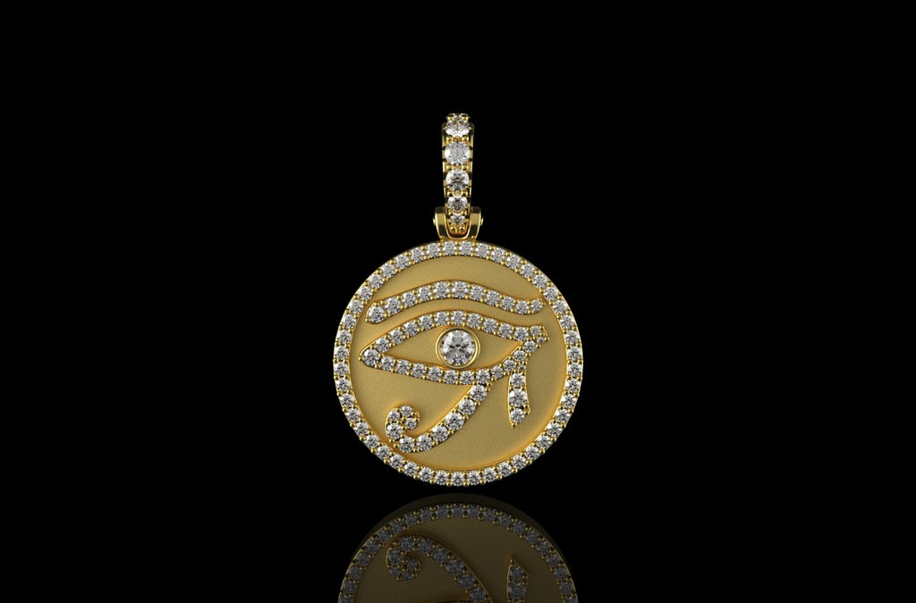 14k yellow gold round eye of ra diamond pendant