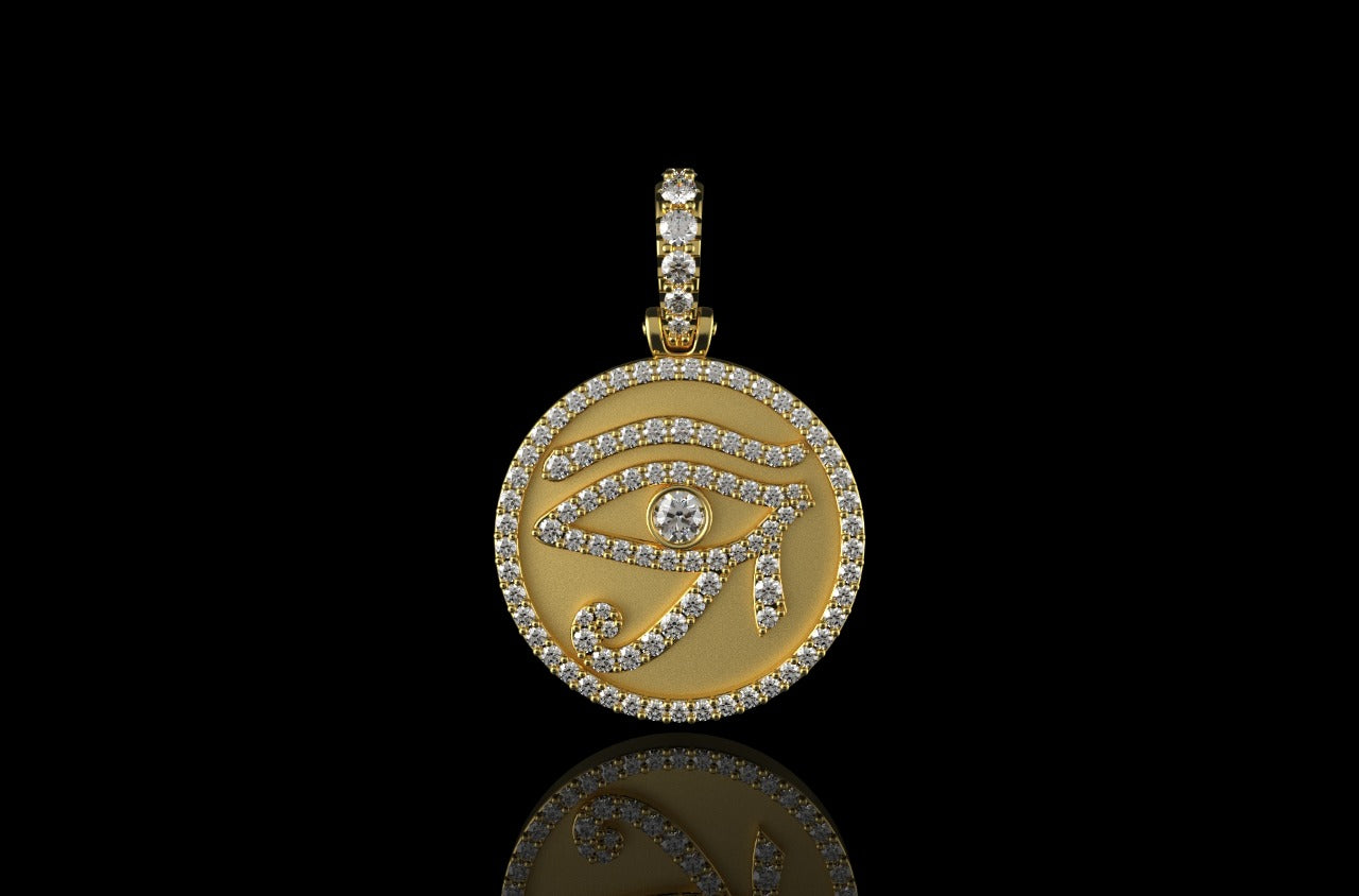14k yellow gold round eye of ra diamond pendant