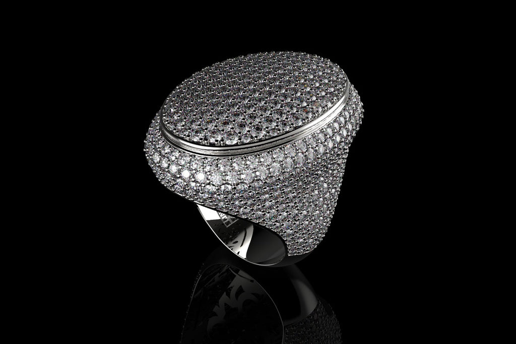 14k white gold large custom mens 3d oval shape diamond ring with bezel ring
