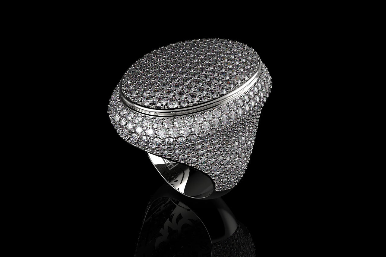 14k white gold large custom mens 3d oval shape diamond ring with bezel ring