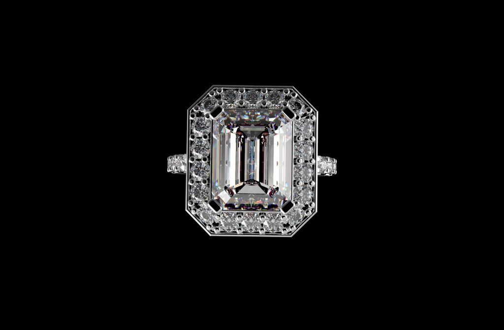 18k white gold custom emerald cut halo diamond engagement ring prong setting