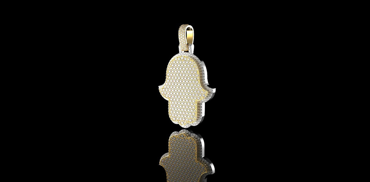 14K 2 TONE YELLOW AND WHITE GOLD CUSTOM DIAMOND MIDIUM HAMSA PENDANT