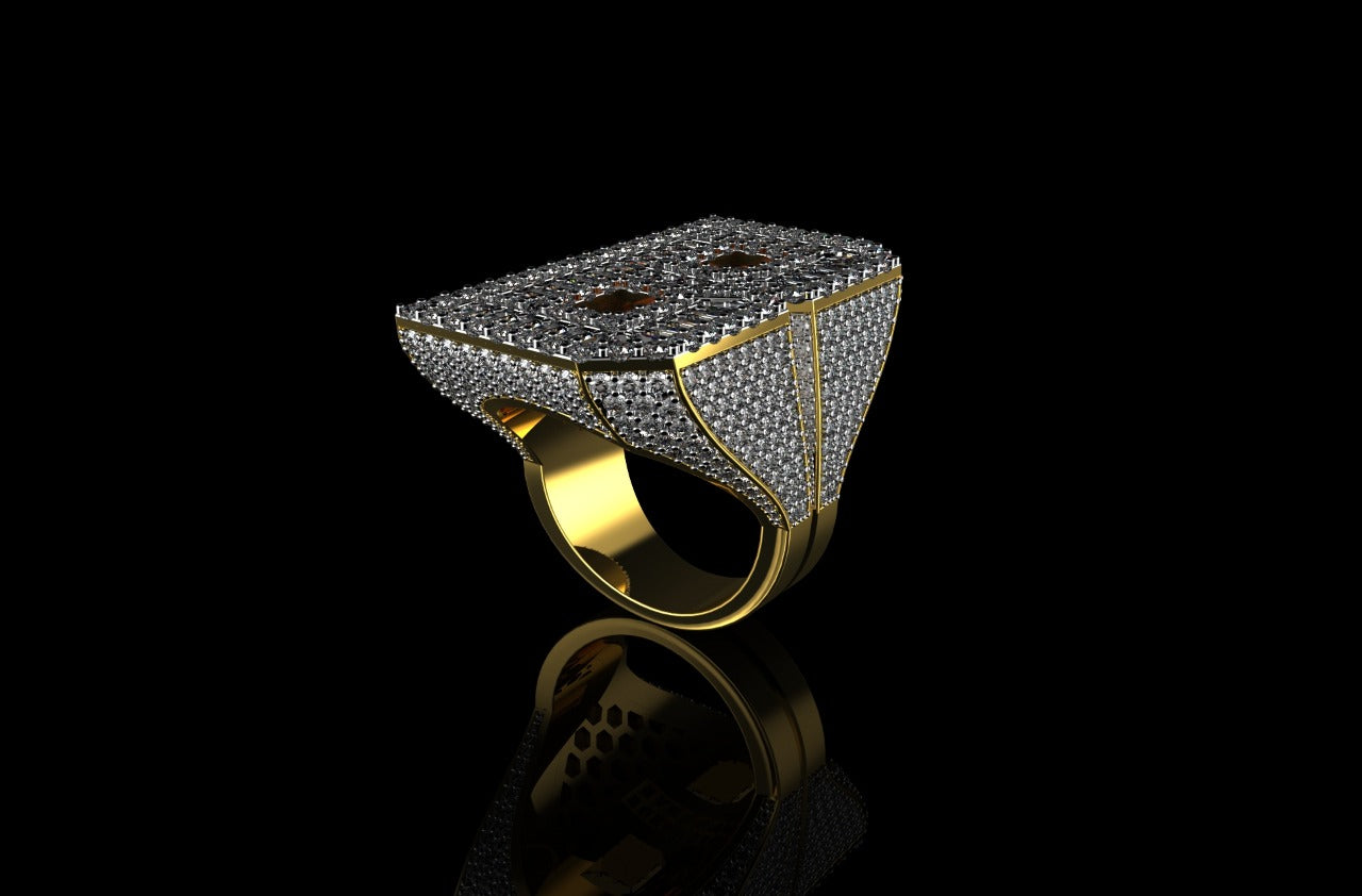 14k yellow gold custom initial "b" style baguette diamond and round diamond ring