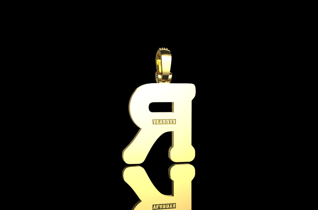 14k 2 tone yellow and white gold double layer initial R diamond pendant