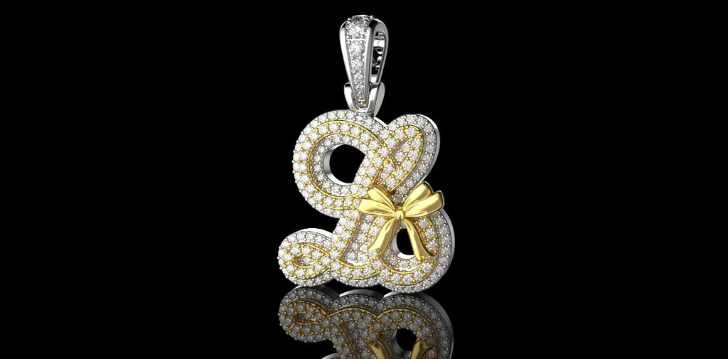 14K 2 TONE YELLOW AND WHITE GOLD CUSTOM "LO BOWTIE" STYLE DIAMOND PENDANT