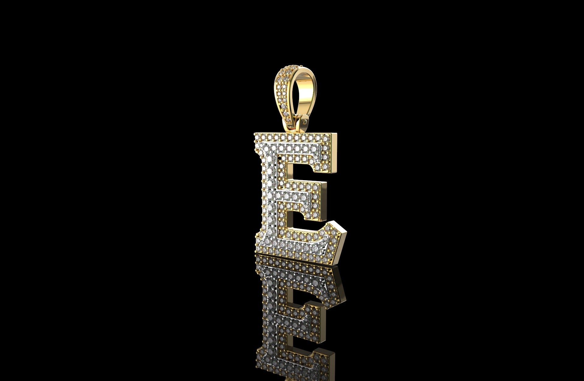 14k 2 tone yellow and yellow gold double layer small initial E diamond pendant