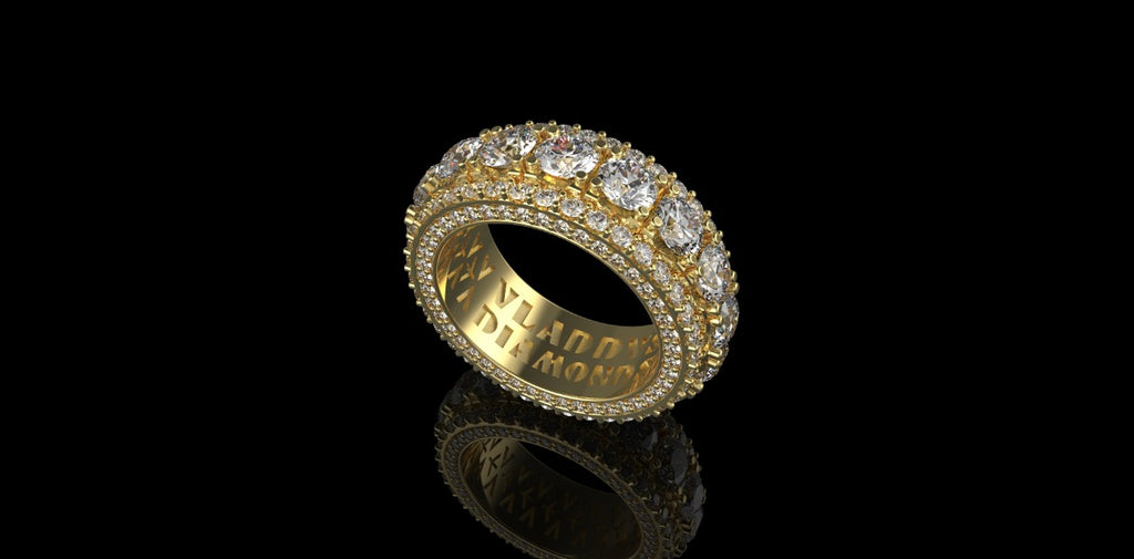 14k yellow gold mens jumbo 3 row diamond eternity band 7.97cts