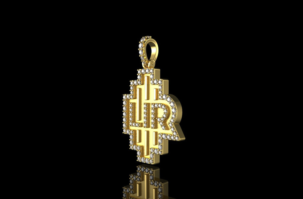 14k yellow gold double layer 3d custom "LIR" style diamond pendant