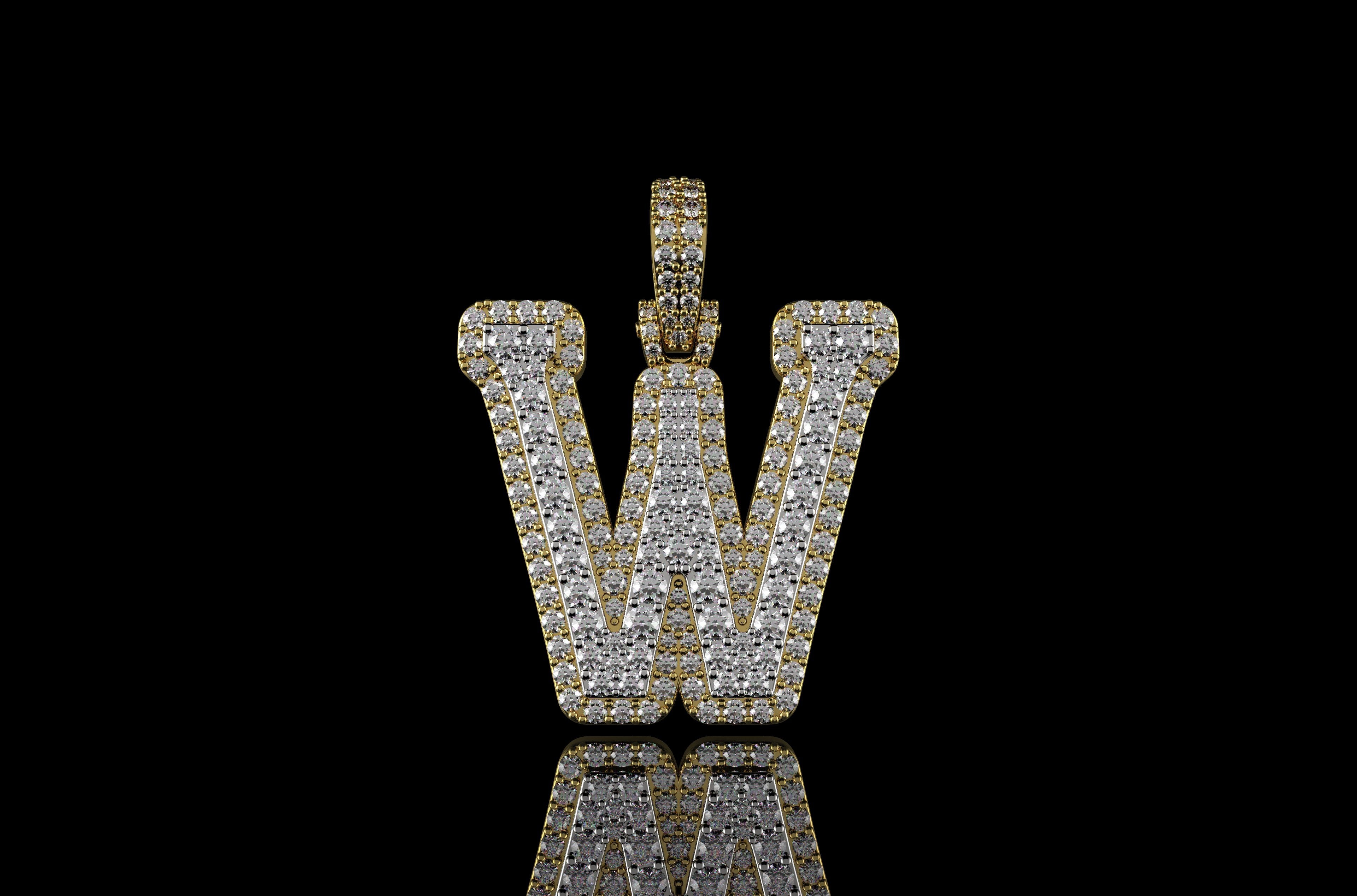 14k 2 tone yellow and white gold double layer initial W diamond pendant