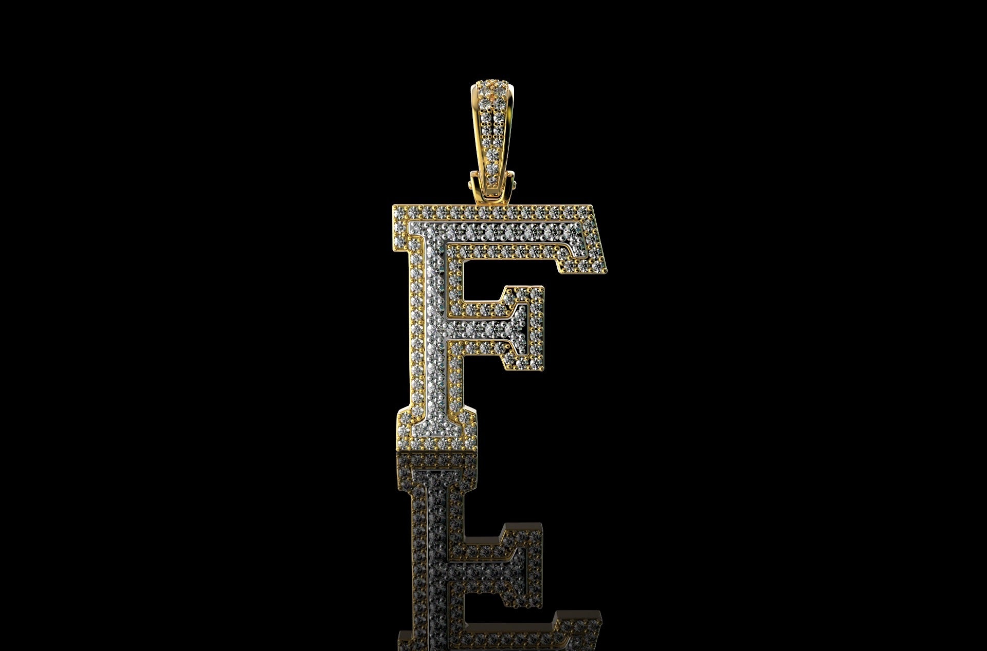 14k 2 tone yellow and white gold double layer initial F diamond pendant