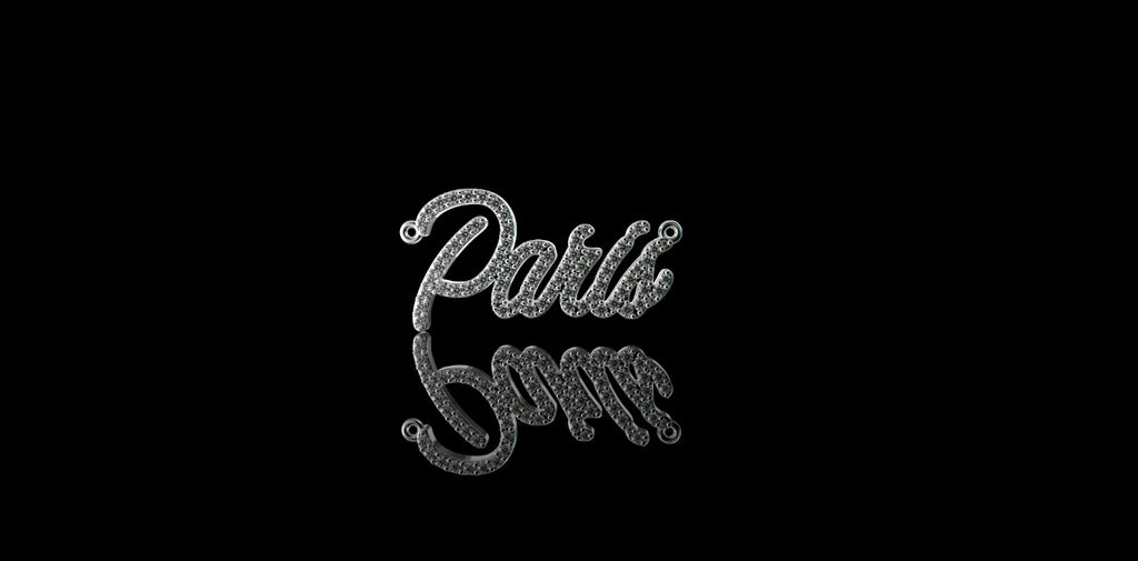 14k white gold Script "Paris" style custom diamond pendant