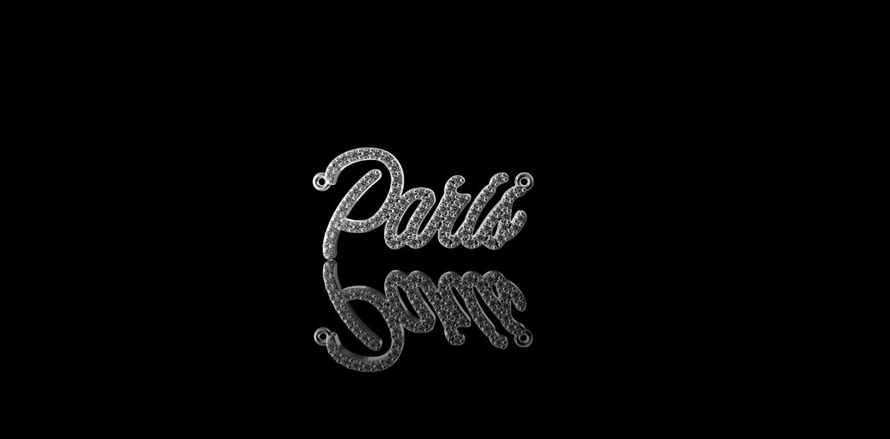 14k white gold Script "Paris" style custom diamond pendant