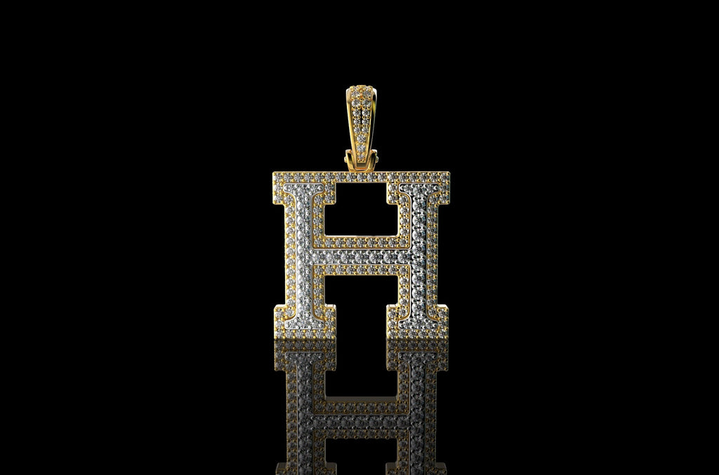 14k 2 tone yellow and white gold double layer initial H diamond pendant