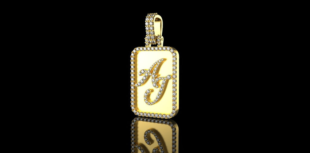 14K YELLOW GOLD CUSTOM "AJ" DOG TAG STYLE DIAMOND PENDANT
