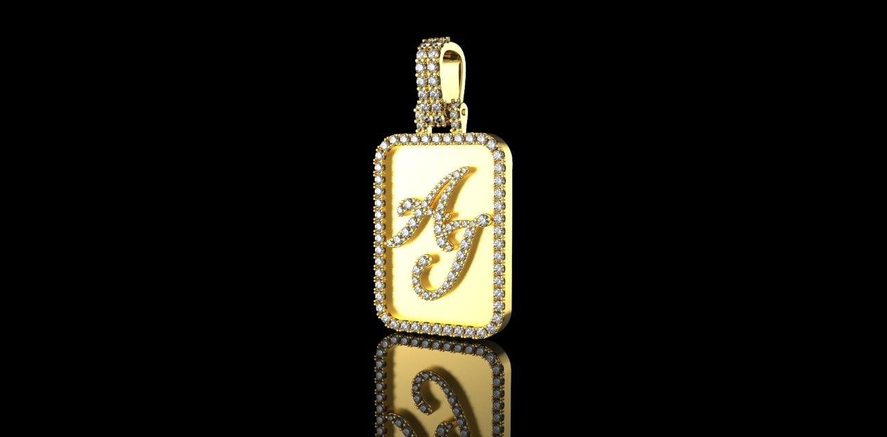 14K YELLOW GOLD CUSTOM "AJ" DOG TAG STYLE DIAMOND PENDANT