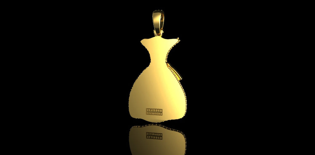 14K YELLOW GOLD CUSTOM MONEY BAG WITH BAGUETTES DIAMOND PENDANT