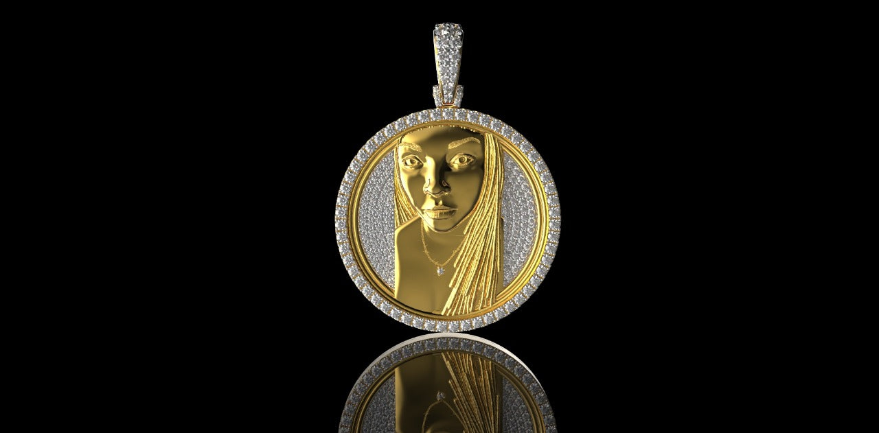 14K YELLOW GOLD CUSTOM ROUND FEMALE MEDALLION DIAMOND PENDANT