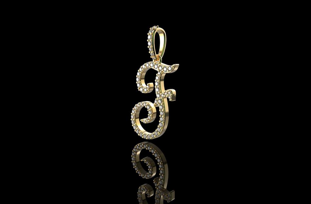 14k yellow gold Script initial F diamond pendant