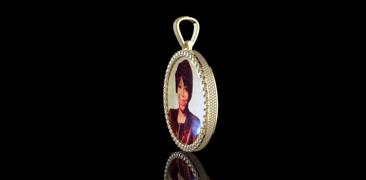 14K YELLOW GOLD LARGE 3D CUSTOM DIAMOND ROUND PICTURE PENDANT DIAMOND PROFILE