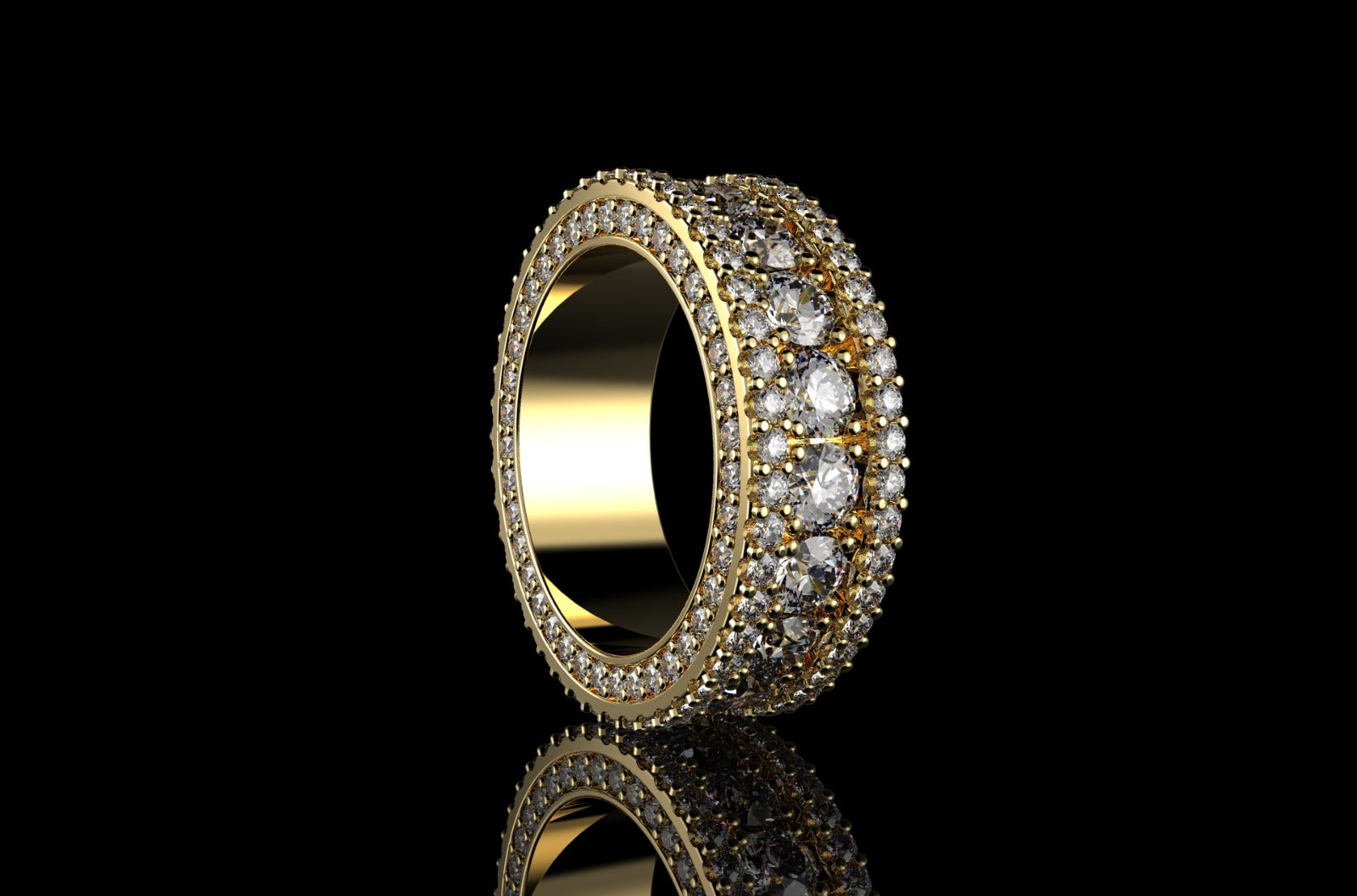 14K YELLOW GOLD CUSTOM MADE MENS 3D 3 ROW JUMBO DIAMOND ETERNITY BAND PROFILE DIAMONDS