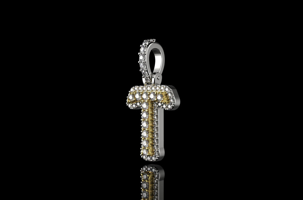 14k 2 tone yellow and white gold double layer small initial T diamond pendant