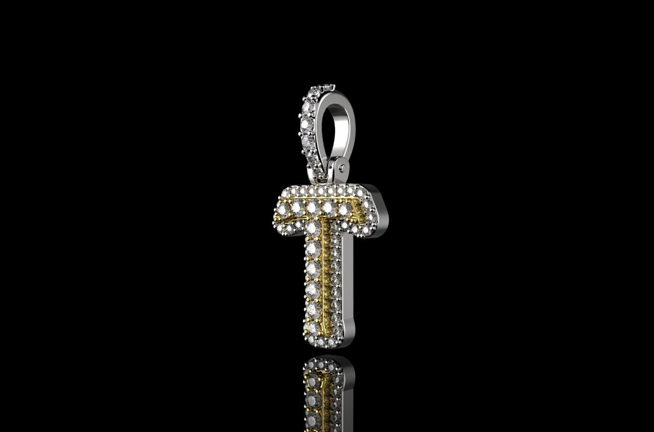 14k 2 tone yellow and white gold double layer small initial T diamond pendant