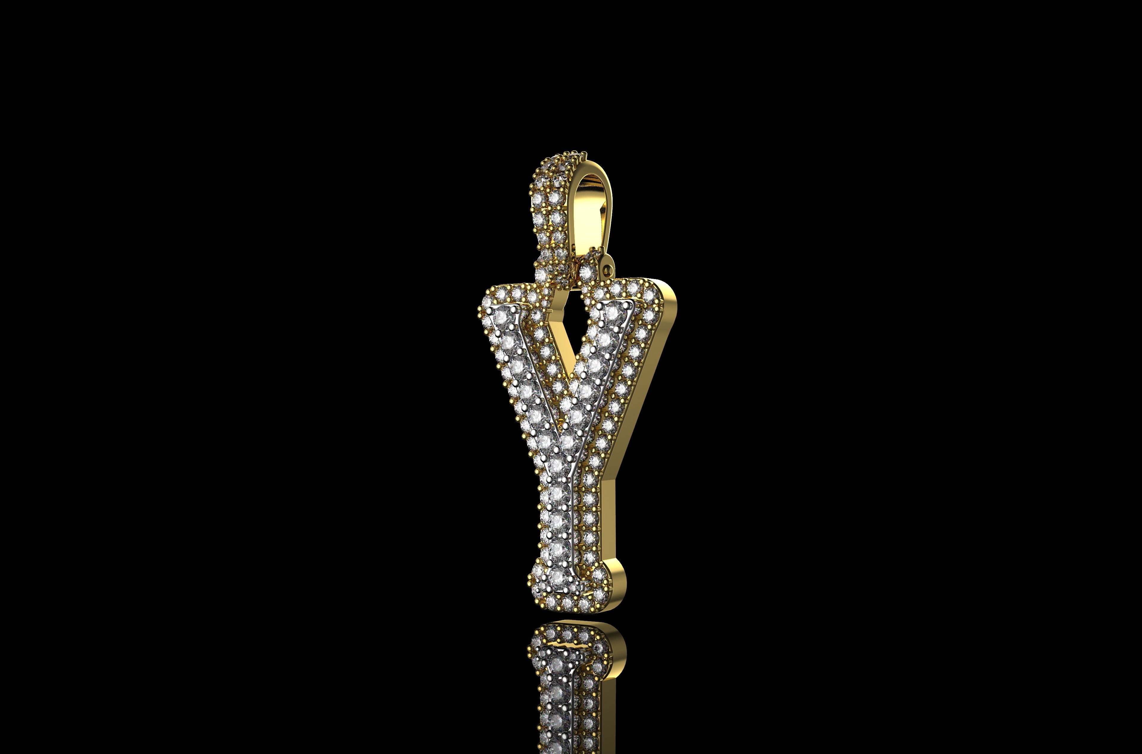 14k 2 tone yellow and white gold double layer initial Y diamond pendant